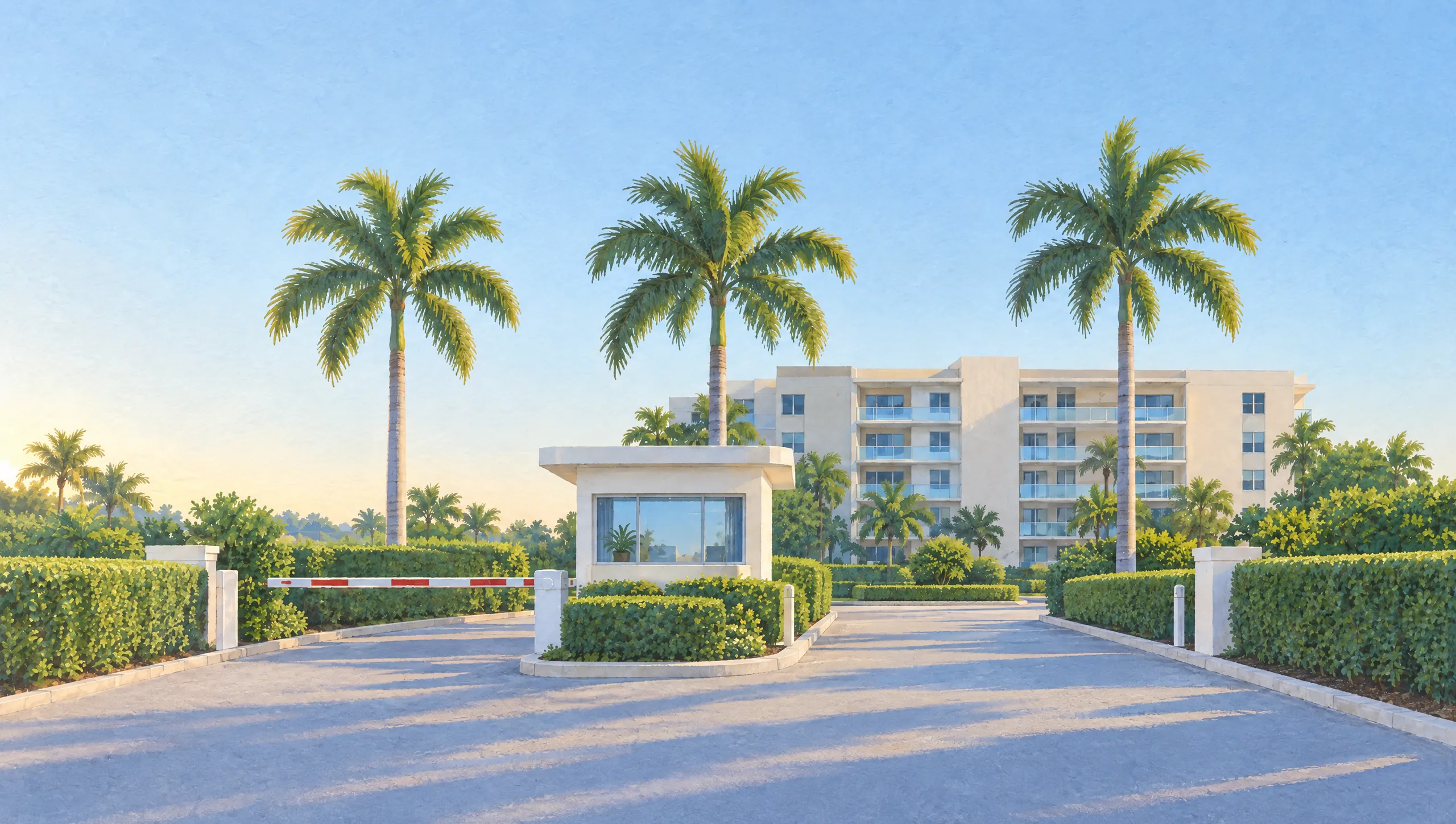 The gatehouse of a South Florida condominium just after sunrise