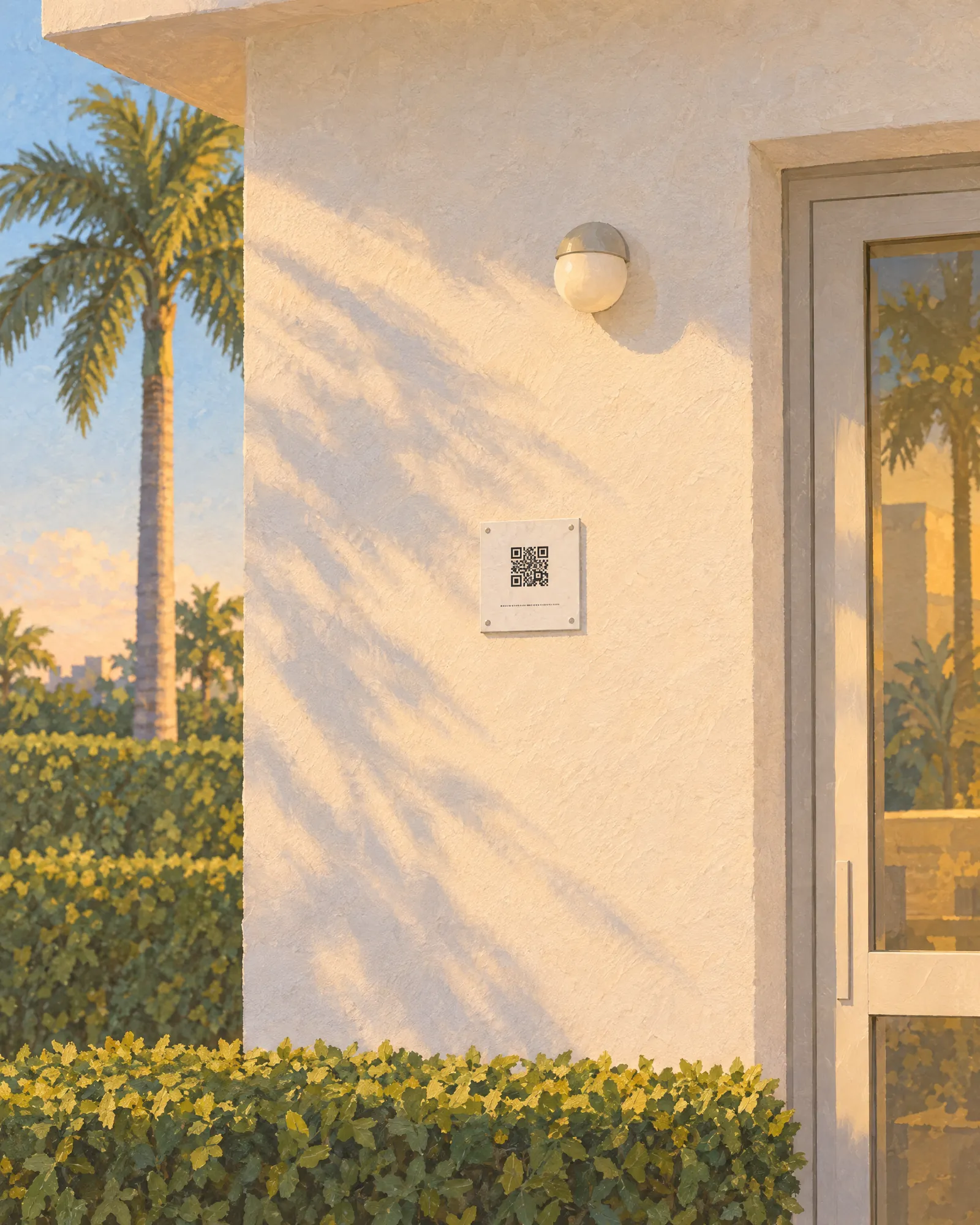 A printed clock-in tag mounted on the white stucco wall of the gatehouse, in late afternoon light