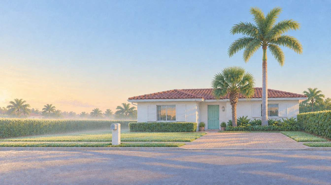 A white Florida house with a mint front door, just after sunrise