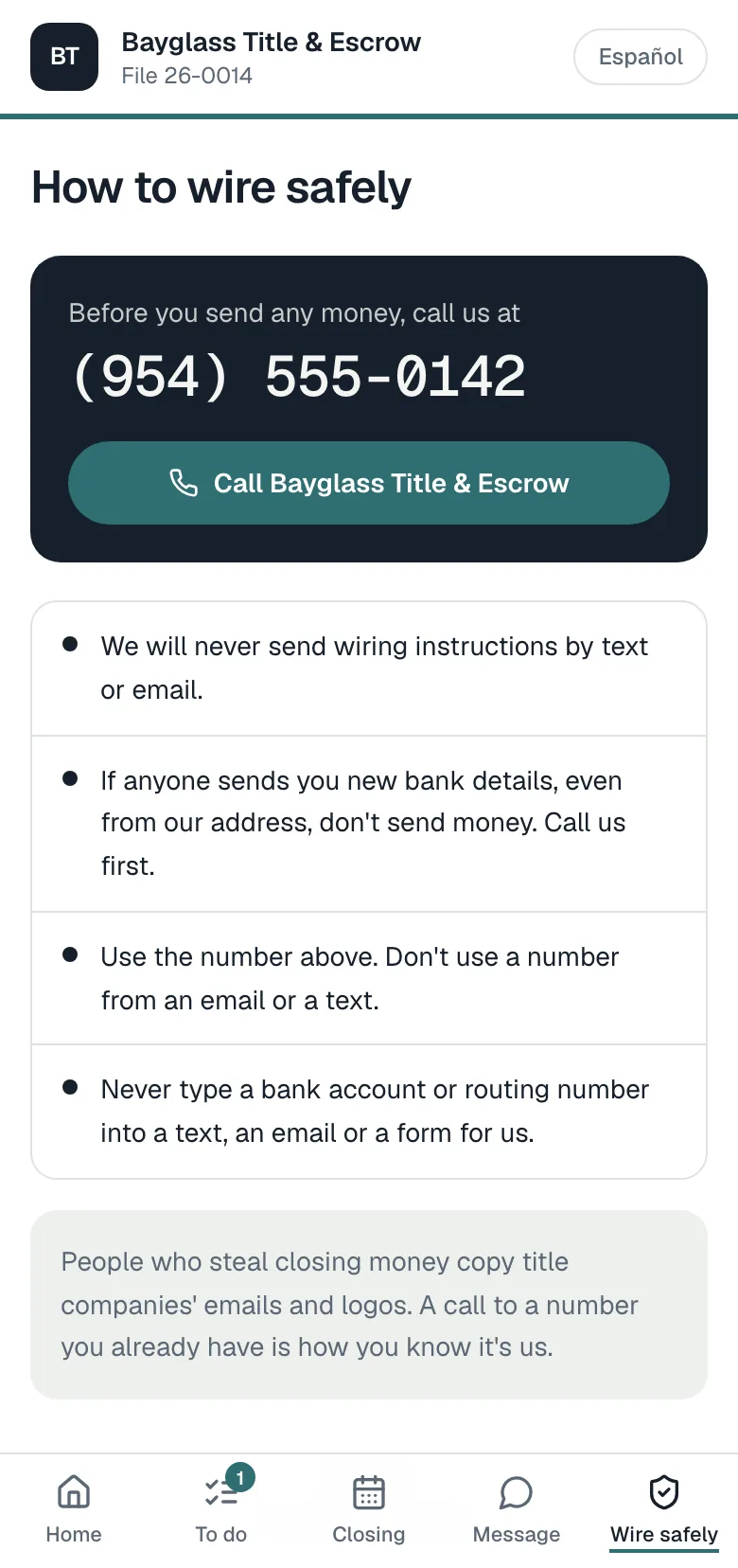 The how-to-wire-safely page on a phone: before you send any money, call Bayglass Title & Escrow at (954) 555-0142; the agency never sends wiring instructions by text or email