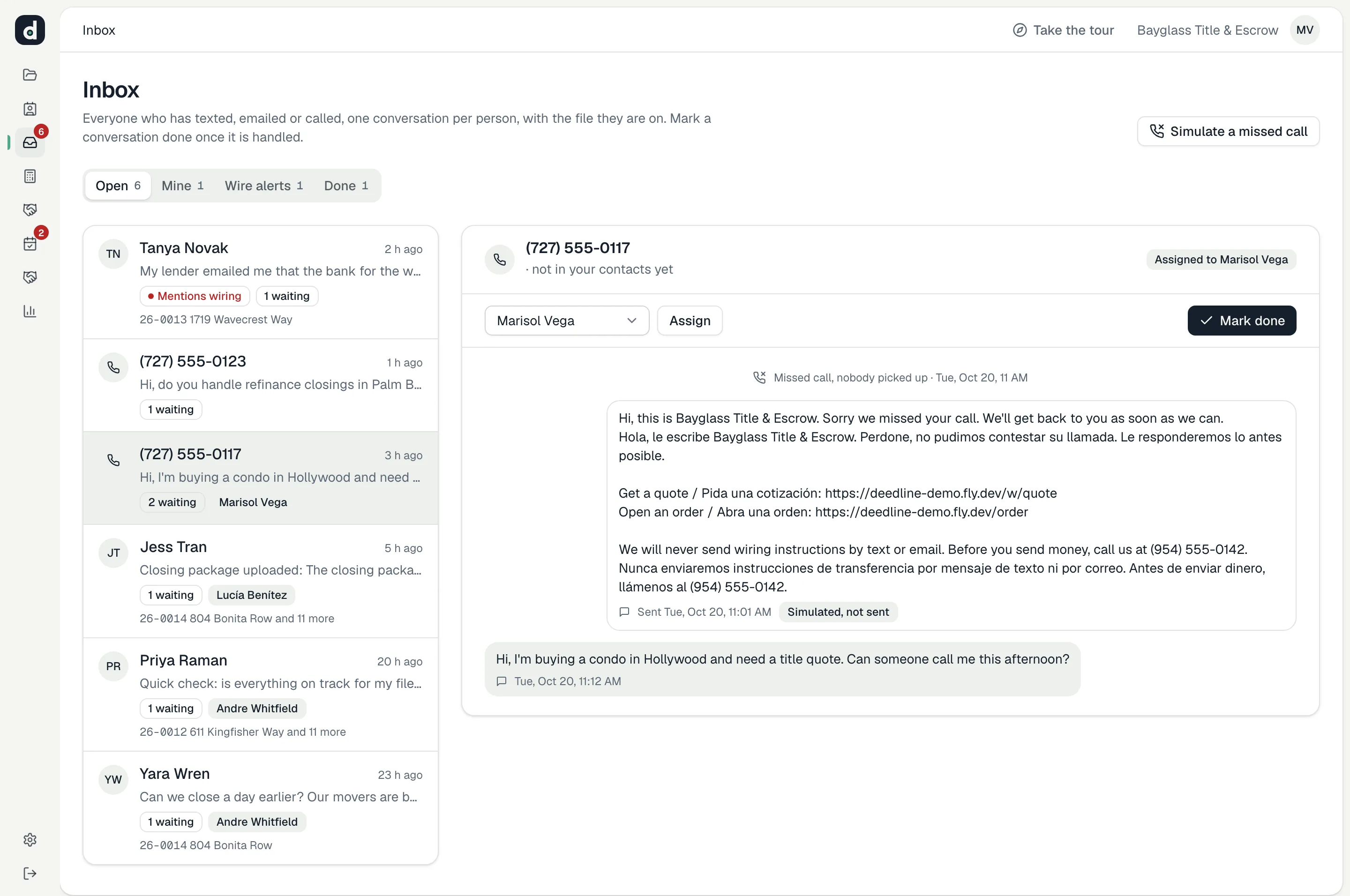 Deedline's inbox in the demo: a missed call from (727) 555-0117 answered by text in English and Spanish with links to a quote and an order, then the caller asking for a condo quote