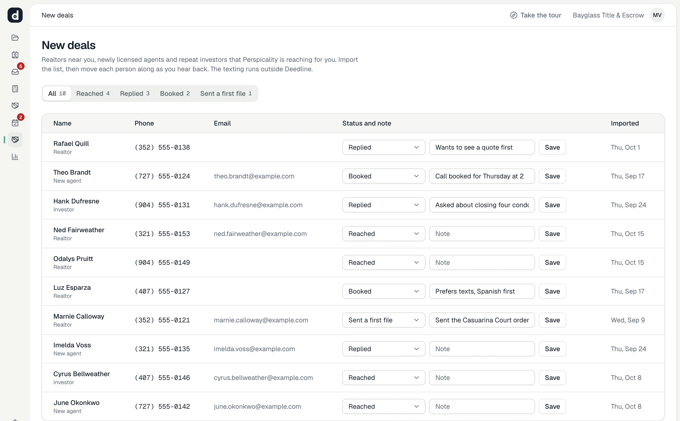 The new deals list in the demo: realtors, new agents and investors Perspicality is reaching, each marked reached, replied, booked or sent a first file, with a note