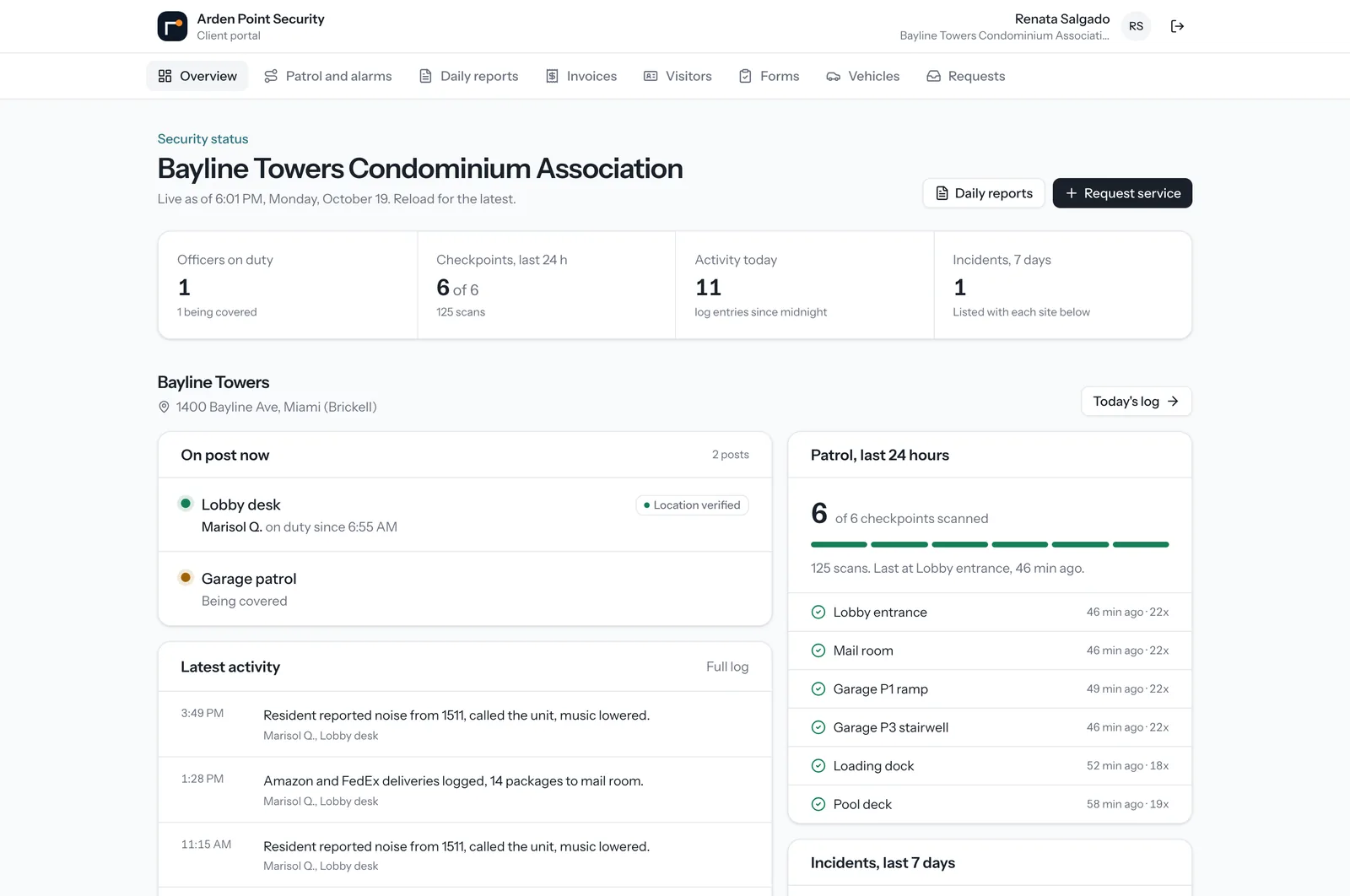 The client portal for a condo association: officer on post with location verified, six of six checkpoints scanned