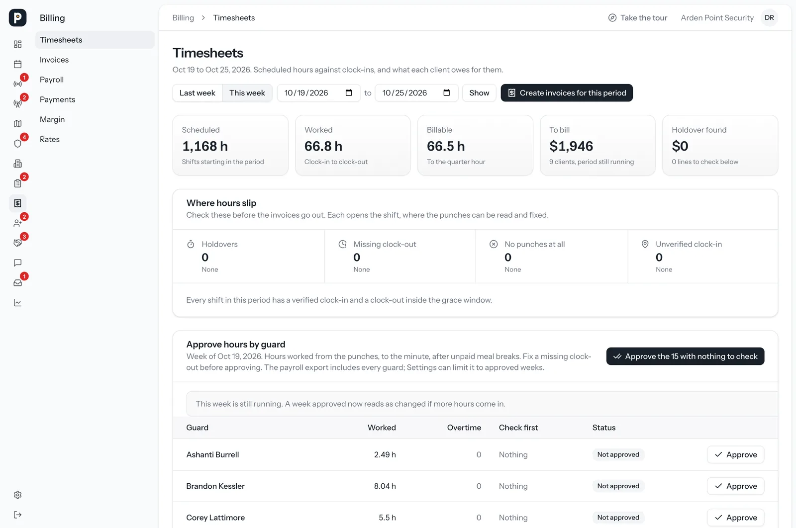 Timesheets with a panel of where billable hours slip: holdovers, missing clock-outs, unverified clock-ins