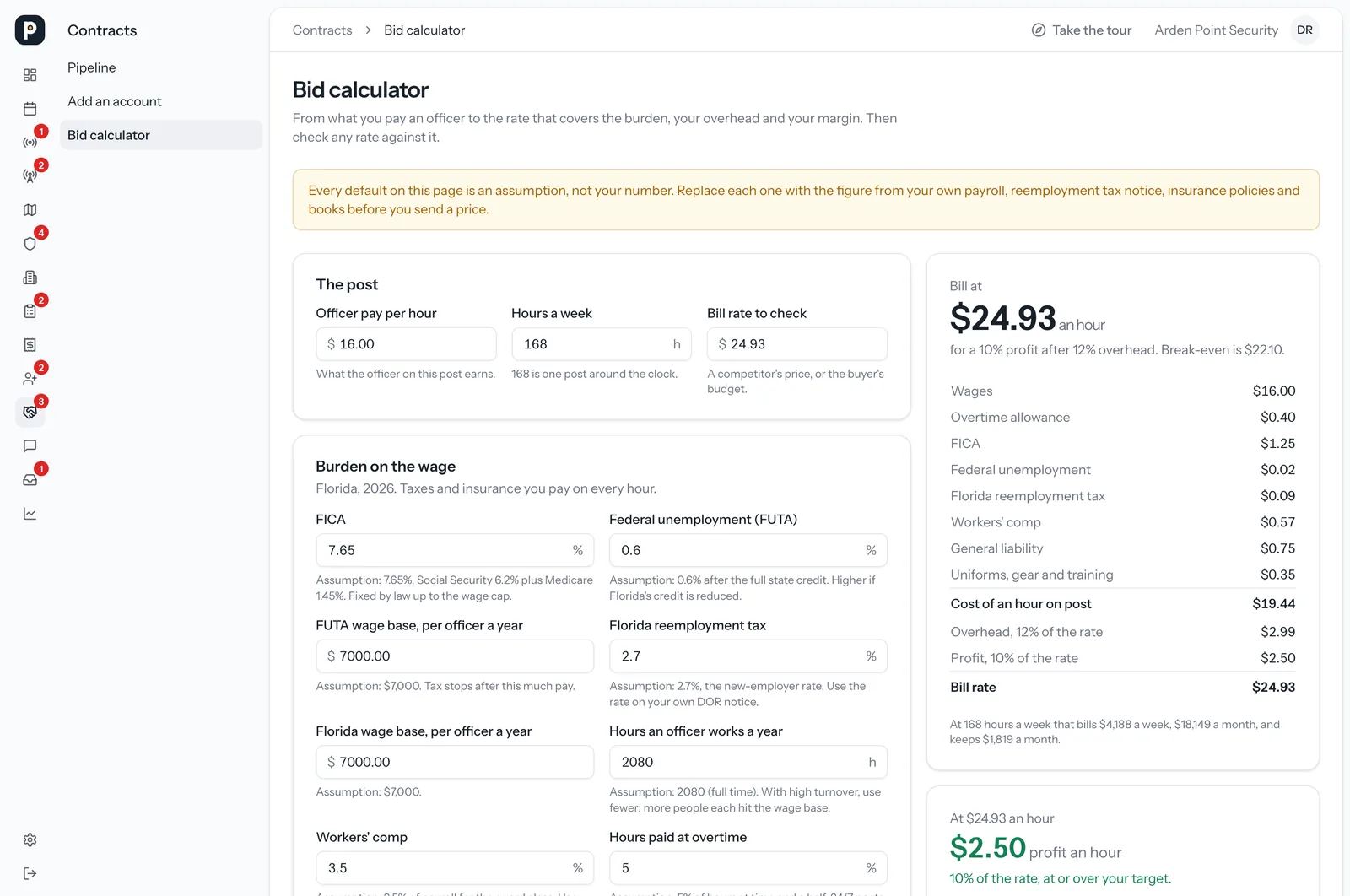 The bid calculator: officer pay, Florida payroll burden, overhead and margin worked into a bill rate and profit per hour