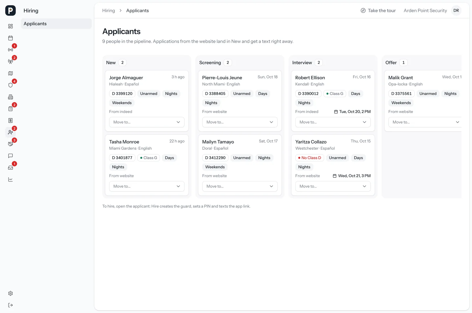 The applicant board by stage, each card with the Class D number, Class G status and availability