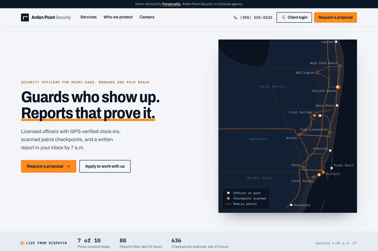A sample agency's website: a night map of South Florida with patrol routes, and the headline Guards who show up. Reports that prove it.
