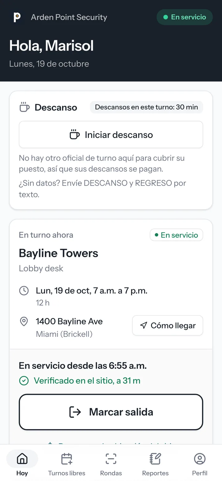 The guard app's Today screen in Spanish: a break button, the shift at Bayline Towers, on duty and verified at the site, the clock-out button