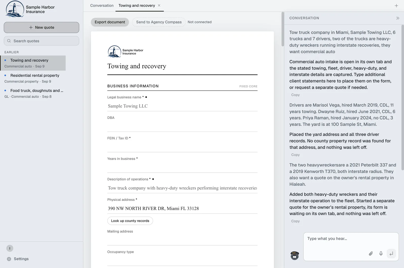 The generated intake open as a tab in Quopilot, the agency's fixed core section first
