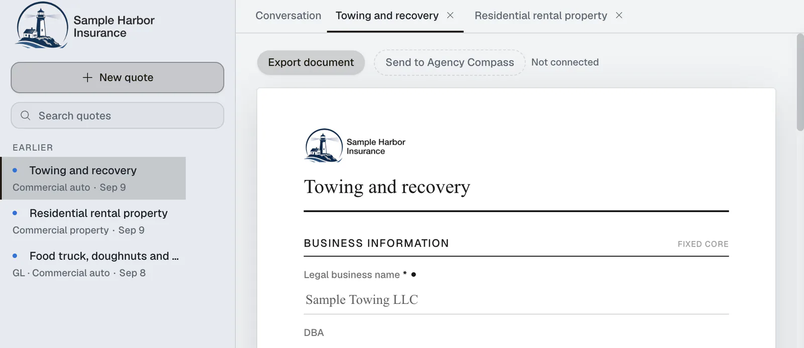 Two quotes for one client in the sidebar and two intake tabs open, towing and a rental property