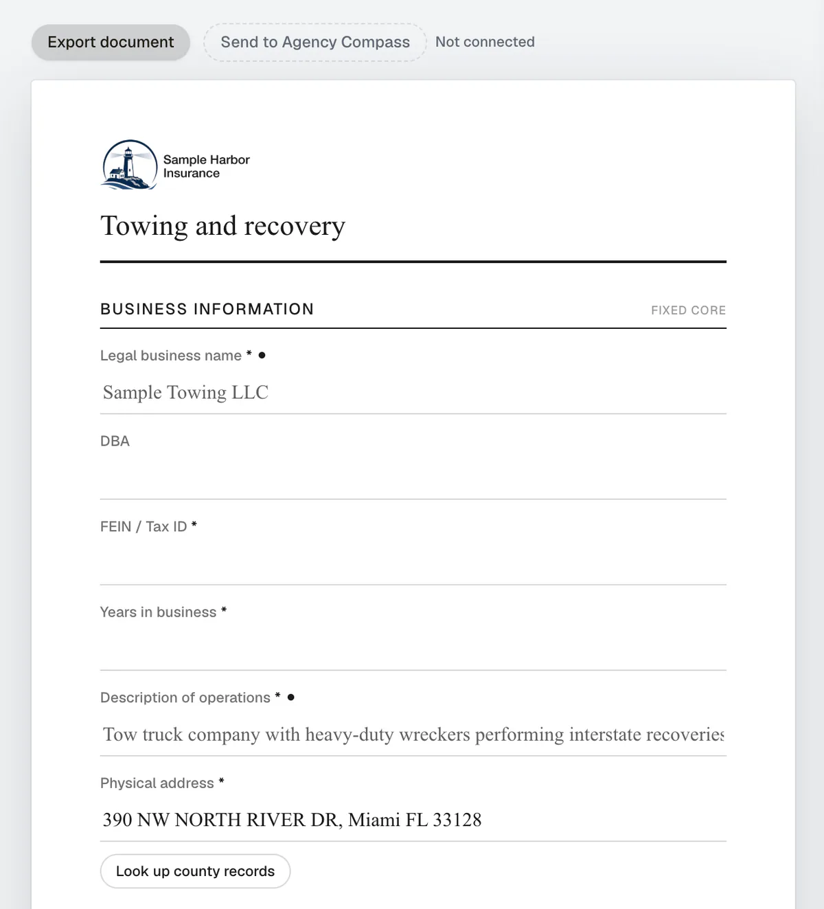 The intake sheet's masthead and its fixed business information section