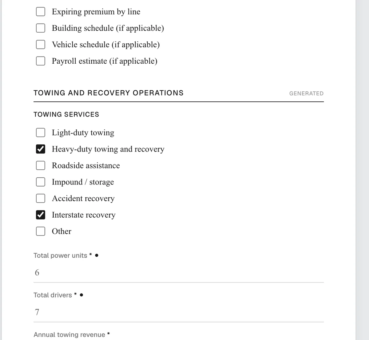 Towing questions answered on the form, with heavy-duty towing and interstate recovery ticked