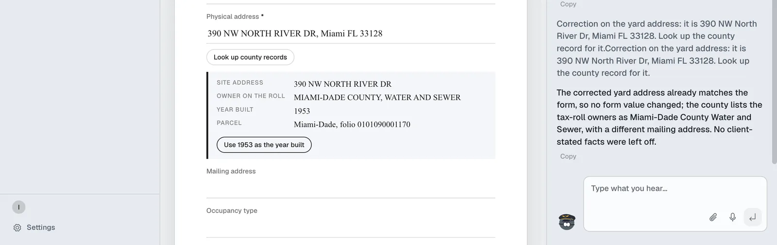 The county record under the address field: owner on the tax roll, site address, year built and folio, with the year built offered for the CSR to accept