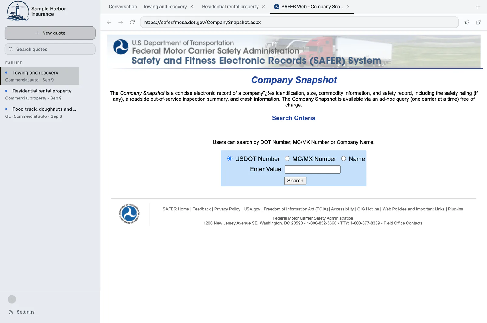A browser tab in Quopilot beside two intake tabs, open on the FMCSA company snapshot search